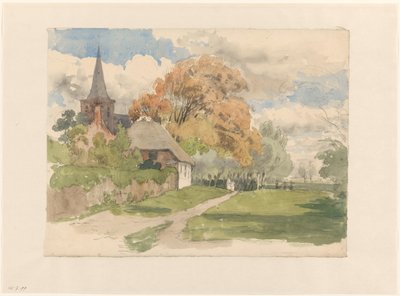 Farmyard by a Village Church by Julius Jacobus van de Sande Bakhuyzen