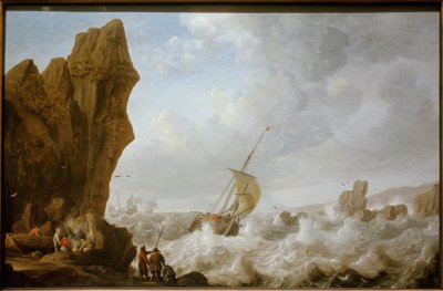 Fishing Boat in Stormy Sea off a Rocky Coast by Julius Porcellis