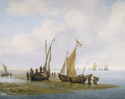 Fishing for mussels, three Dutch fishing boats on the shore, one of which has its sail raised, and groups of fishermen busy maintaining and unloading boats, farther down the beach, two others carry baskets full of mussels by Julius Porcellis