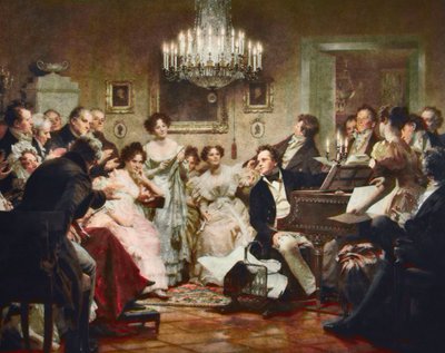 Franz Schubert at the piano during a Schubert Evening in a Vienna salon - engraving after Julius Schmid by Julius Schmid