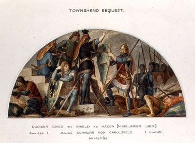 Rudiger gives his shield to Hagen, illustration for 