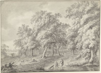 Landscape with Mother and Child with Dog Wading Through a Pool by Jurriaan Andriessen (possibly)