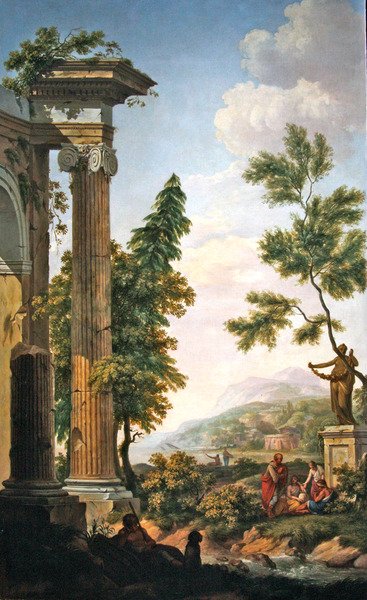 Arcadian landscape with classical ruins and figures by a riverbank by Jurriaan Andriessen