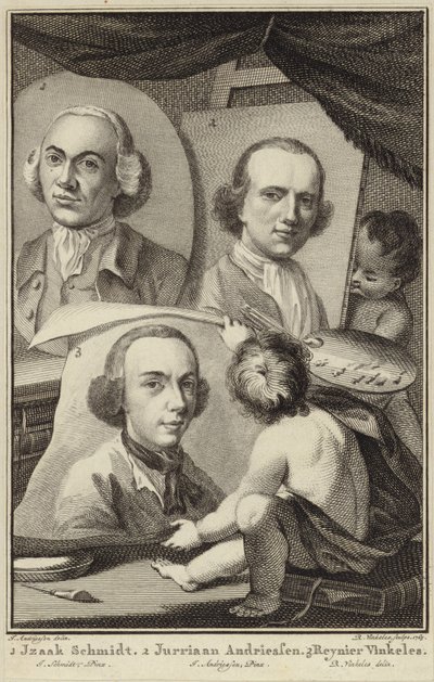 Portraits of Izaak Schmidt, Jurriaen Andriessen and Reinier Vinkeles by Jurriaan Andriessen