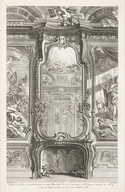 Cabinet of Count Bielinski, Grand Marshal of the Crown of Poland, executed in 1734; Chimney with mirror, with each side a part of the wainscoting and paintings, 1st Plate by Juste Aurèle Meissonnier