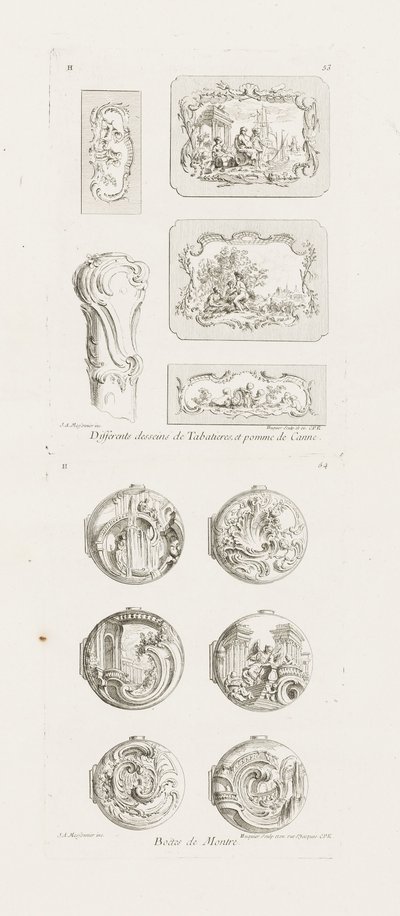 Different Designs for Snuff Boxes and a Cane Handle, 5th Plate, plate 53 in Oeuvre de Juste-Aurèle Meissonnier by Juste Aurèle Meissonnier
