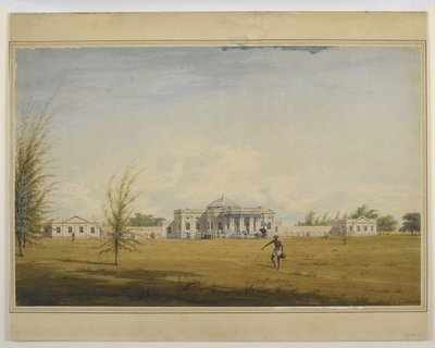 A European house in Madras, a palanquin and carriage at the door, a watercarrier in the foreground by Justinian Gantz
