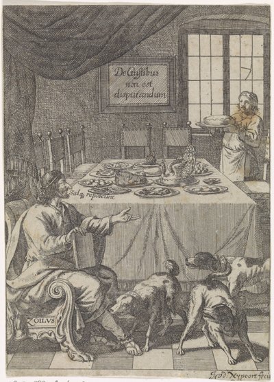 Zoilus Sitting at a Set Table by Justus van den Nijpoort