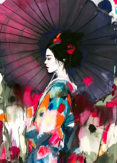 Vibrant Geisha Umbrella Portrait by Justyna Jaszke