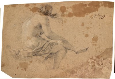 Seated Partially Backward Female Model with Left Leg, Supported by Right Arm, Over Right Knee and with Loose Drapery Wrapped Around Lower Body by KKSgb5537 Ubekendt