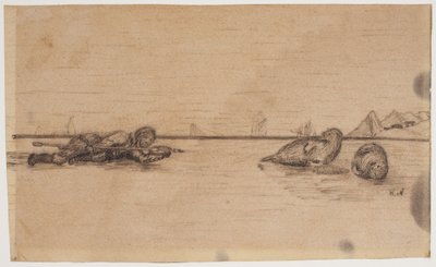 Motif from an East Greenlandic Legend (A Hunter Moving Lying on the Ice Towards Two Seals at a Breathing Hole) by Kaarale Andreassen