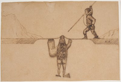 Motif from an East Greenlandic Legend (A Hunter Raises His Harpoon Against a Sea Creature, Tupilak, Half Seal Half Human with a Bear Paw and Bird Claw) by Kaarale Andreassen