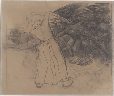 Standing Common Woman Encourages Advancing Group of Men (Losbruch) by Käthe Kollwitz