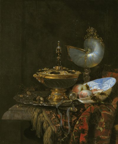 Pronk Still Life with Holbein Bowl, Nautilus Cup, Glass Goblet and Fruit Dish by Kalf