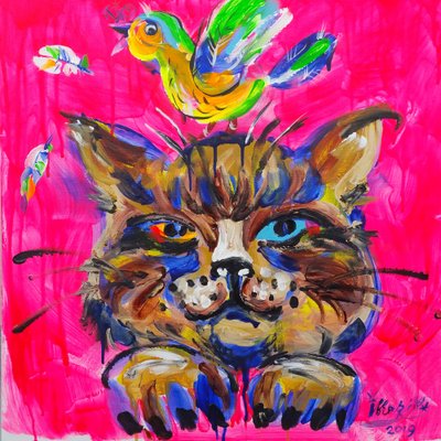 Colorful Cat With Bird by Kanat Ibragimov