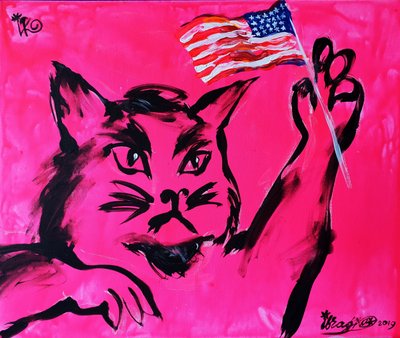 Pink Cat American Flag by Kanat Ibragimov