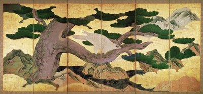 The Hawks in the Pines, 6 Panel Folding Screen by Kano Eitoku