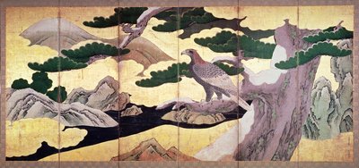 The Hawks in the Pines, 6 Panel Folding Screen (pen and ink, colour, gold on panel) by Kano Eitoku