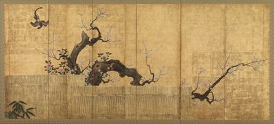Blossoming Plum and Camellia in a Garden Landscape by Kano Koi