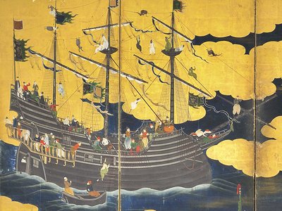 (Detail) The Southern Barbarians Come to Trade, Pair of Six-Panel Screens, Early 17th Century by Kano Naizen