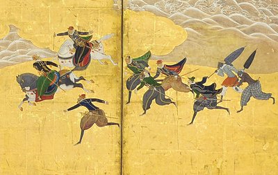 (Detail) The Southern Barbarians Come to Trade, Pair of Six-Panel Screens, Early 17th Century by Kano Naizen