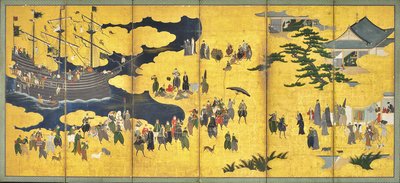Southern Barbarians Come to Trade, Pair of Six-Panel Screens by Kano Naizen