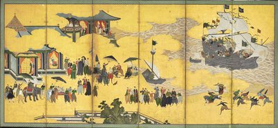 Southern Barbarians Come to Trade, pair of six-panel screens by Kano Naizen