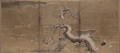 Winter Scene with Plum Trees and Pheasants (Birds Left) by Kano Naonobu