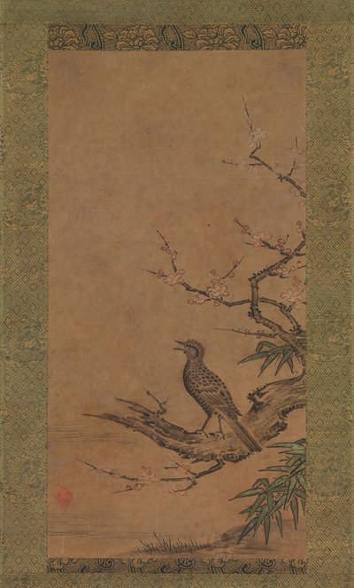 Brown-Eared Bulbul Hiyodori on a Branch of Plum by Kano Shoei