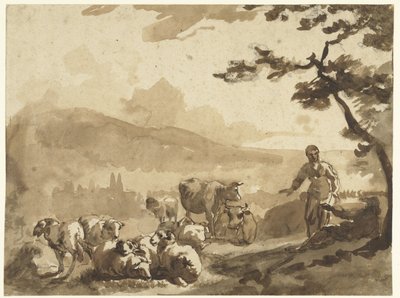 Mountain Landscape with Shepherds and Their Flock of Sheep and Cows by Karel Du Jardin
