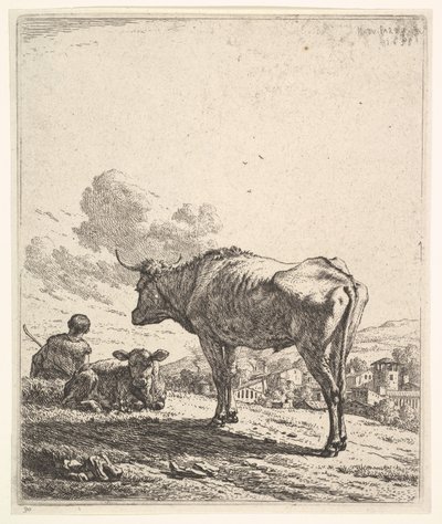 Cowherd with Cow and Calf on a Hillside, 1658 by Karel Du Jardin