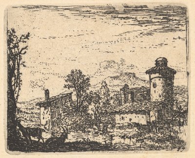 Landscape with Two Horned Goats in Shadow at Left Foreground, Village Buildings Beyond by Karel Du Jardin