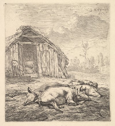 Three Pigs Lying on Their Sides, a Pigsty and Trough Beyond by Karel Du Jardin