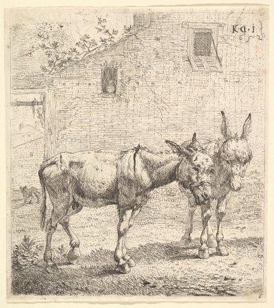 Two donkeys standing in a grassy yard, one in profile view facing right and another behind by Karel Du Jardin