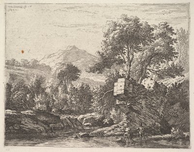 Two men standing ankle-deep in a body of water with a rocky outcrop behind them by Karel Du Jardin