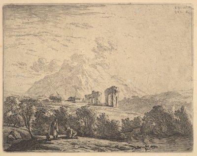 View of hillside with ruins an aqueduct and mountain crag beyond, in the foreground a man, 1658 by Karel Du Jardin