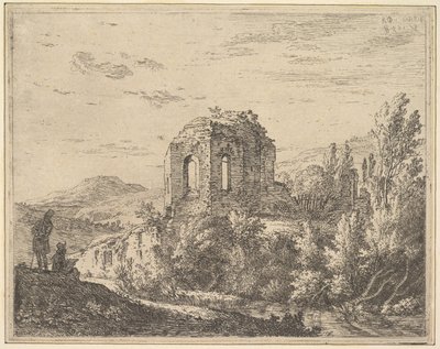 View of ruins showing the corner of a building with two arched windows, in a landscape, 1658 by Karel Du Jardin