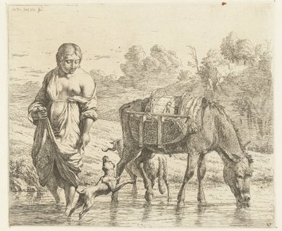 Woman and Donkey Standing in Shallow Water, a Dog Jumping at Her Feet by Karel Du Jardin