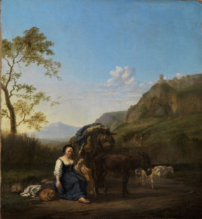 Spinning Peasant Woman in Italian Mountain Landscape by Karel Dujardin