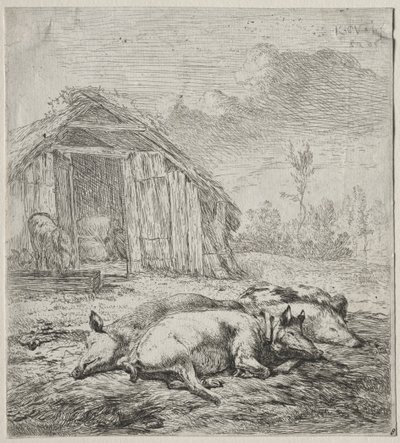 Three Swine Lying in Front of a Sty by Karel Dujardin