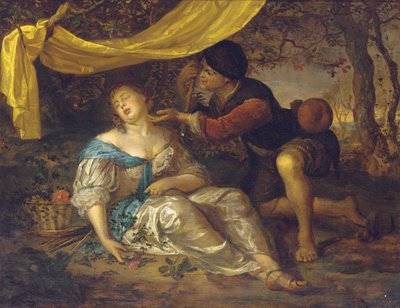 A Shepherd Kneeling Over a Lady Sleeping Under a Canopy in a Wooded Landscape by Karel de Moor