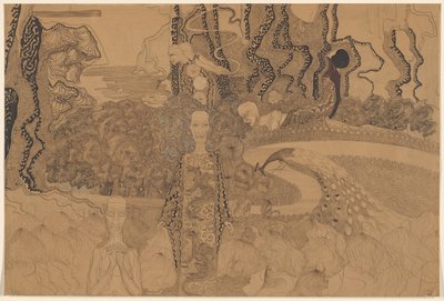 Allegorical Scene with Figures and a Peacock in a Garden by Karel de Nerée tot Babberich (signed by artist)