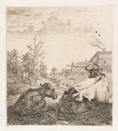 Lying cow with calf (series title: Animals) by Karel du Jardin (signed by artist)