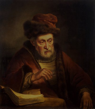 Old Man Holding a Pair of Spectacles by Karel van der Pluym