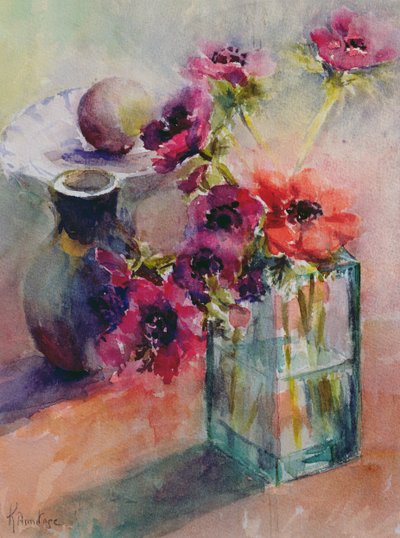 Anemones in Green Glass Vase, 2002 by Karen Armitage