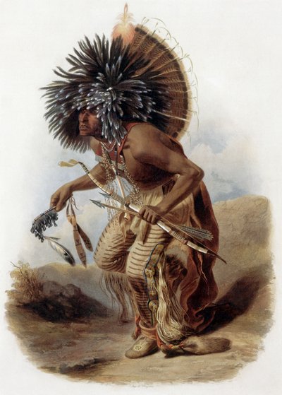 Portrait of Pehriska-Ruhpa, Minatarre warrior in the costume of the dog dance (engraving by Rene Bellet after drawing by Karl Bodmer) by Karl (after) Bodmer