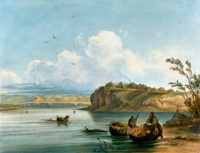 Mandan Native American women crossing Missouri River on boats made of buffalo hide by Karl Bodmer