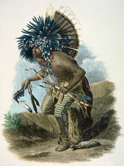 Medicine man of the Mandan tribe in the costume of the Dog Dance by Karl Bodmer