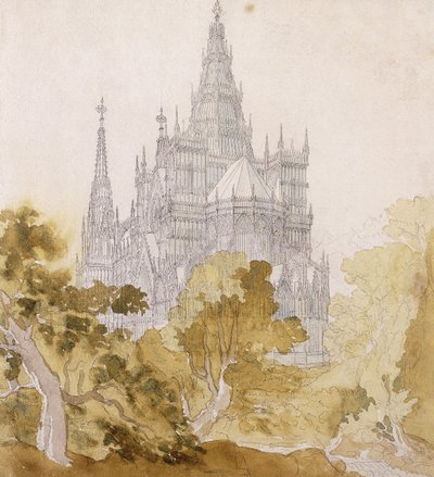 A Gothic Cathedral near Trees by Karl Friedrich Schinkel