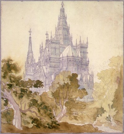 A Wooded Landscape with a Gothic Church by Karl Friedrich Schinkel